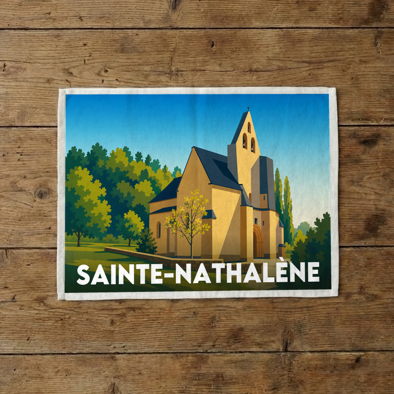Torchon souvenir de la ville de Sainte-Nathalène avec une illustration stylisée.