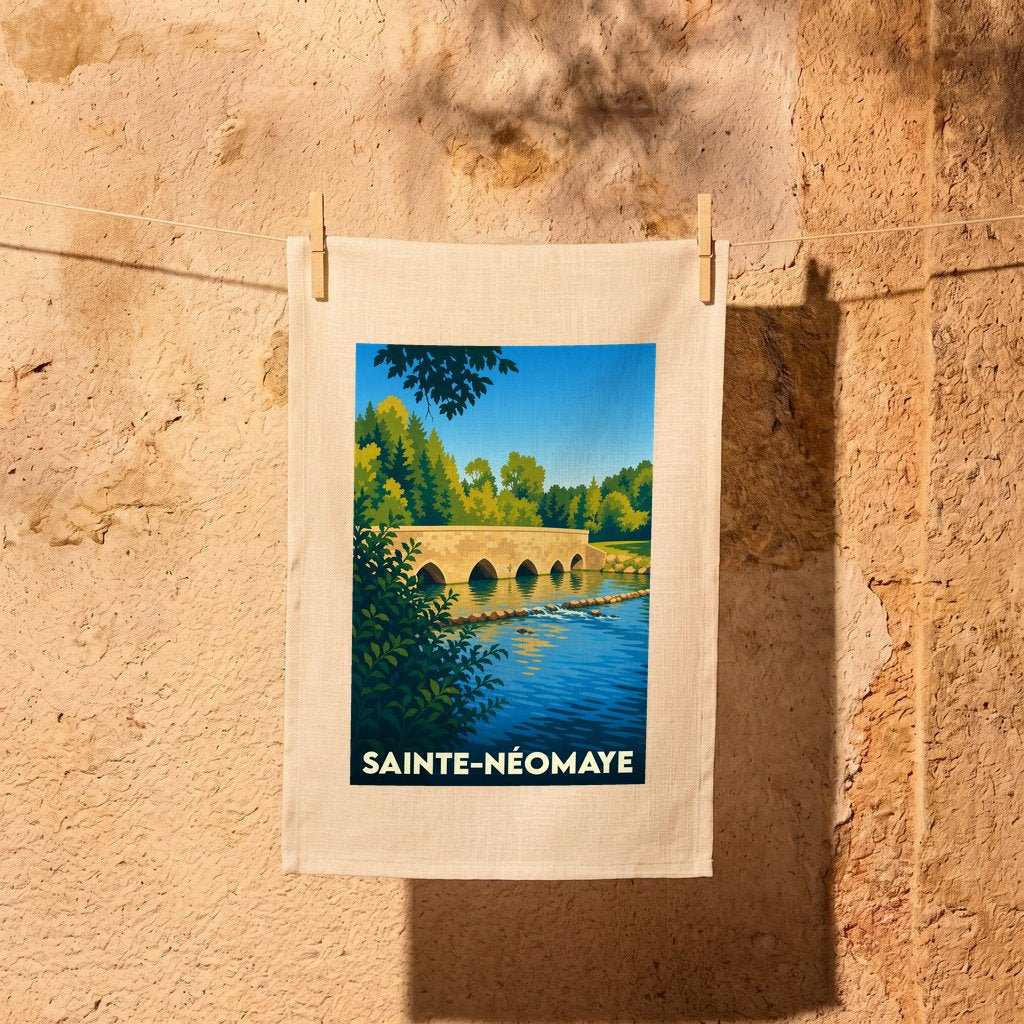 Torchon souvenir de la ville de Sainte-Néomaye avec une illustration stylisée d'un pont en pierre.