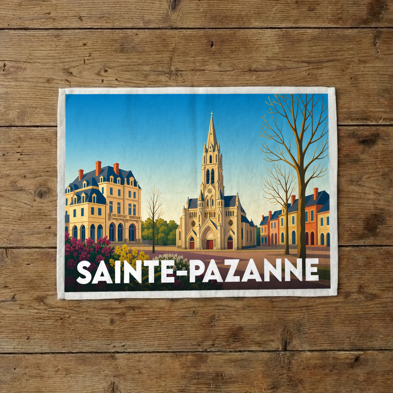 Torchon souvenir de la ville de Sainte-Pazanne avec une illustration stylisée de son église et de son architecture locale.