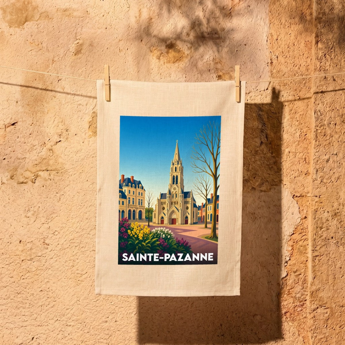 Torchon souvenir de la ville de Sainte-Pazanne avec une illustration stylisée de son église et de son architecture locale.