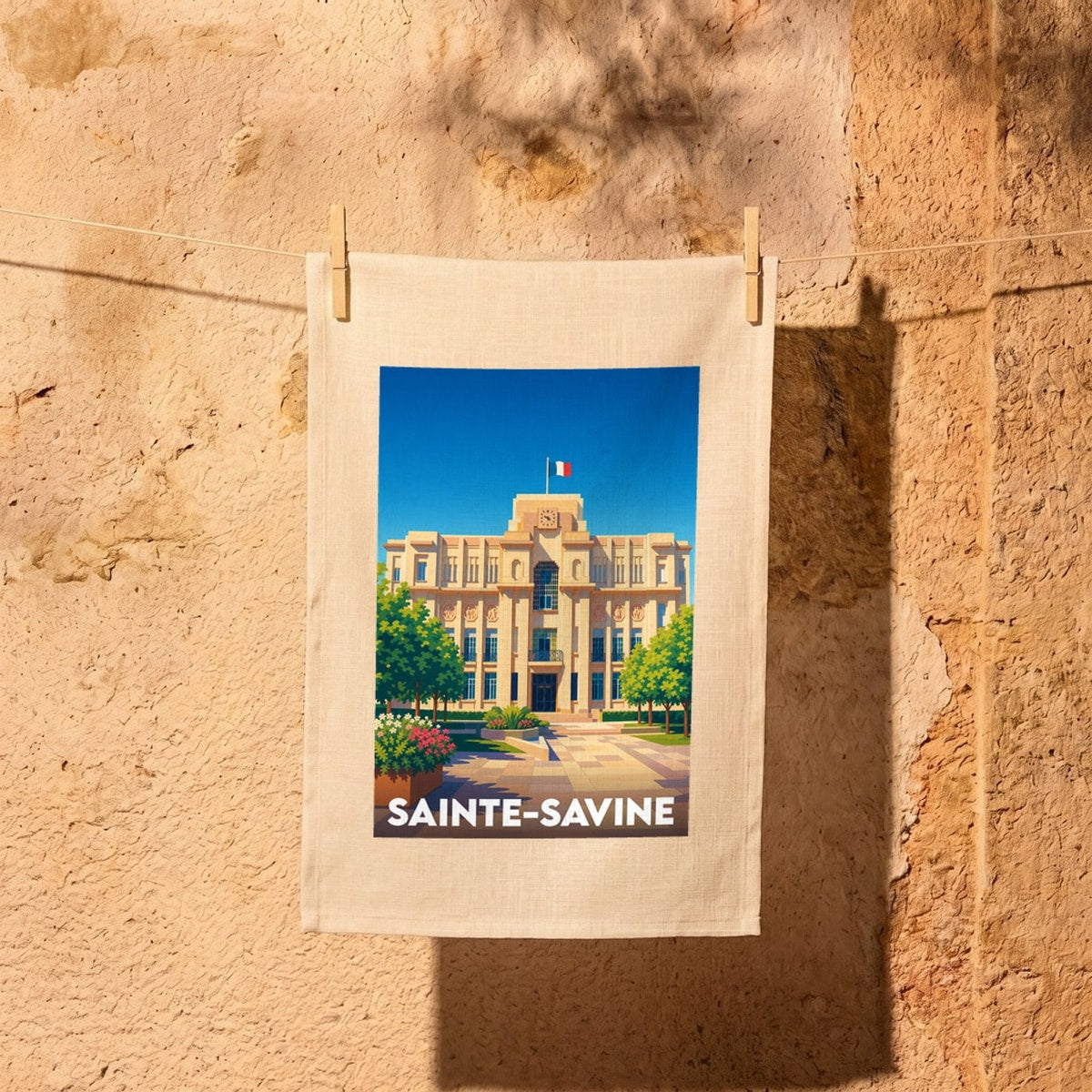 Torchon souvenir de la ville de Sainte-Savine avec une illustration stylisée de son hôtel de ville.