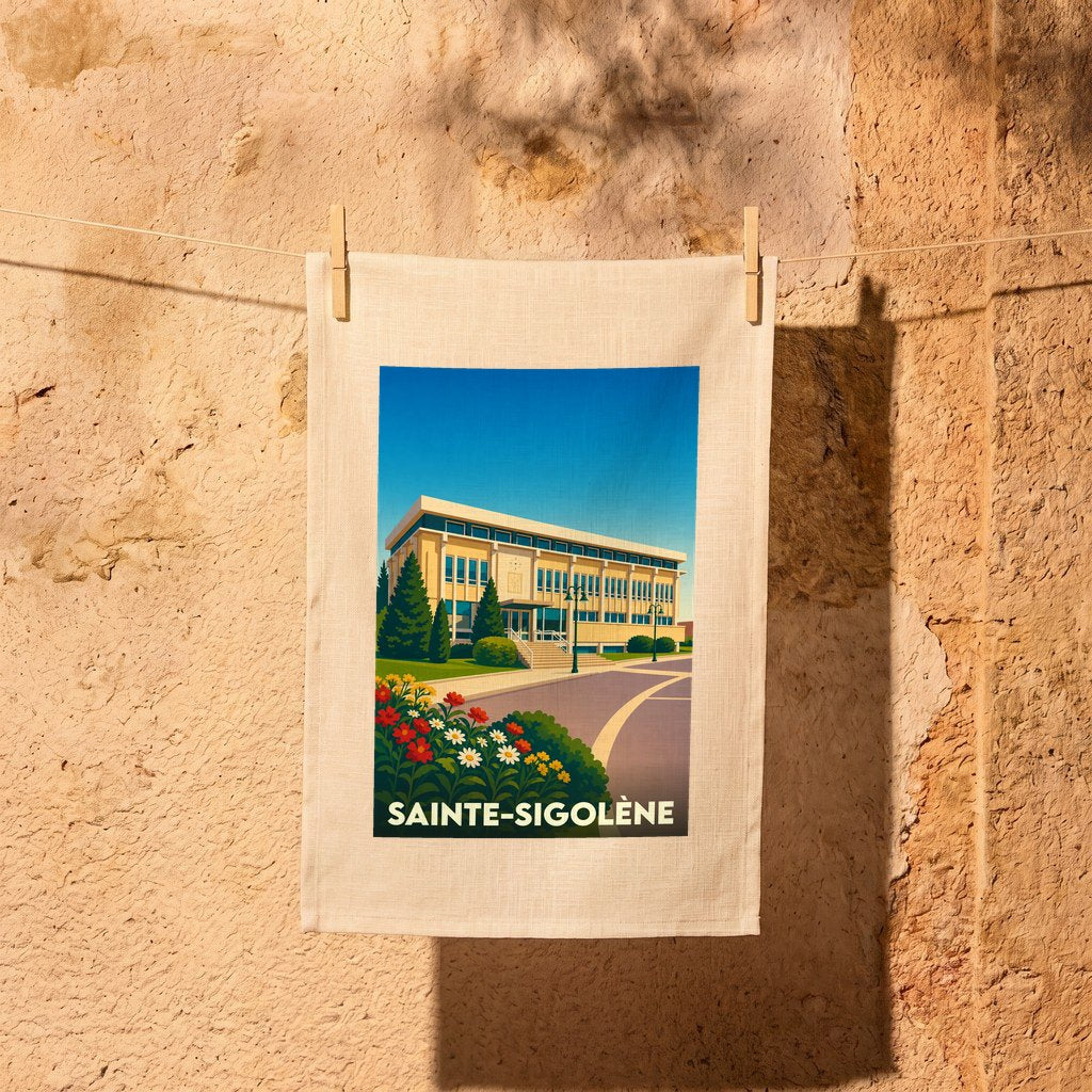 Torchon souvenir de la ville de Sainte-Sigolène avec une illustration stylisée de son hôtel de ville.