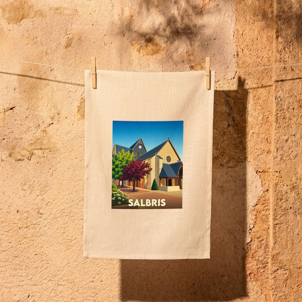 Torchon souvenir de la ville de Salbris avec une illustration stylisée de son église sous un ciel bleu.