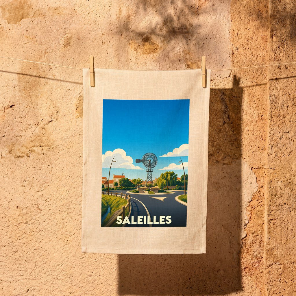 Torchon souvenir de la ville de Saleilles avec une illustration stylisée d'un moulin à vent sur un rond-point.
