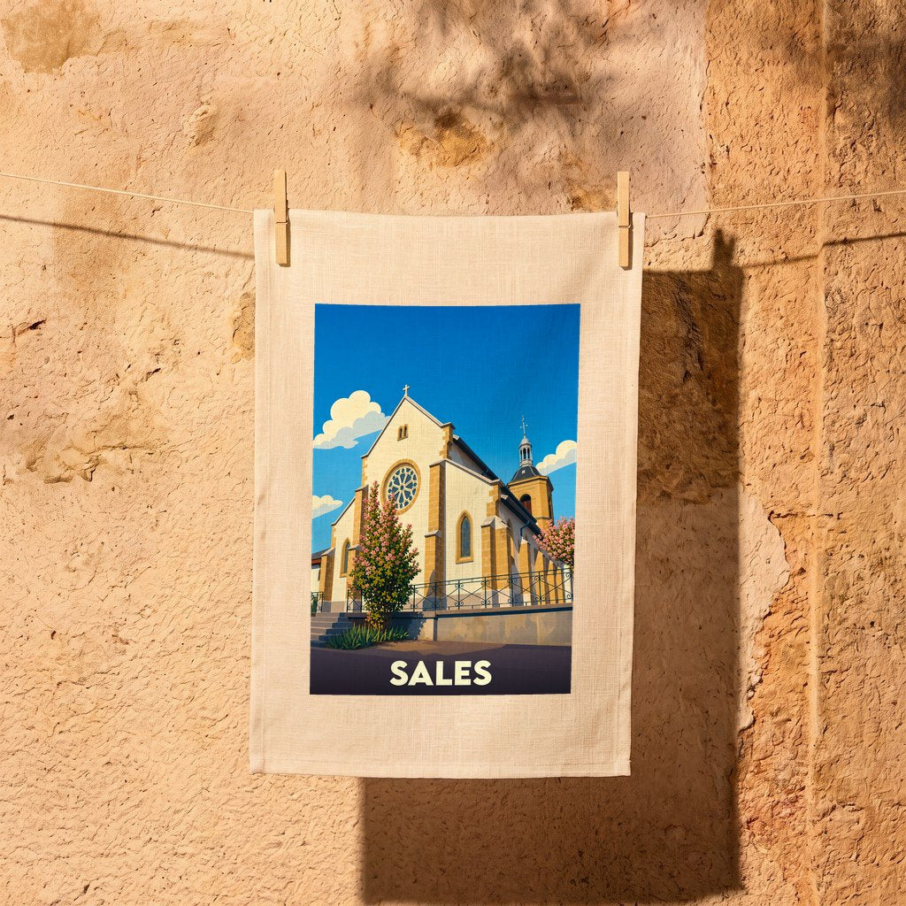 Torchon souvenir de la ville de Sales avec une illustration stylisée de son église.