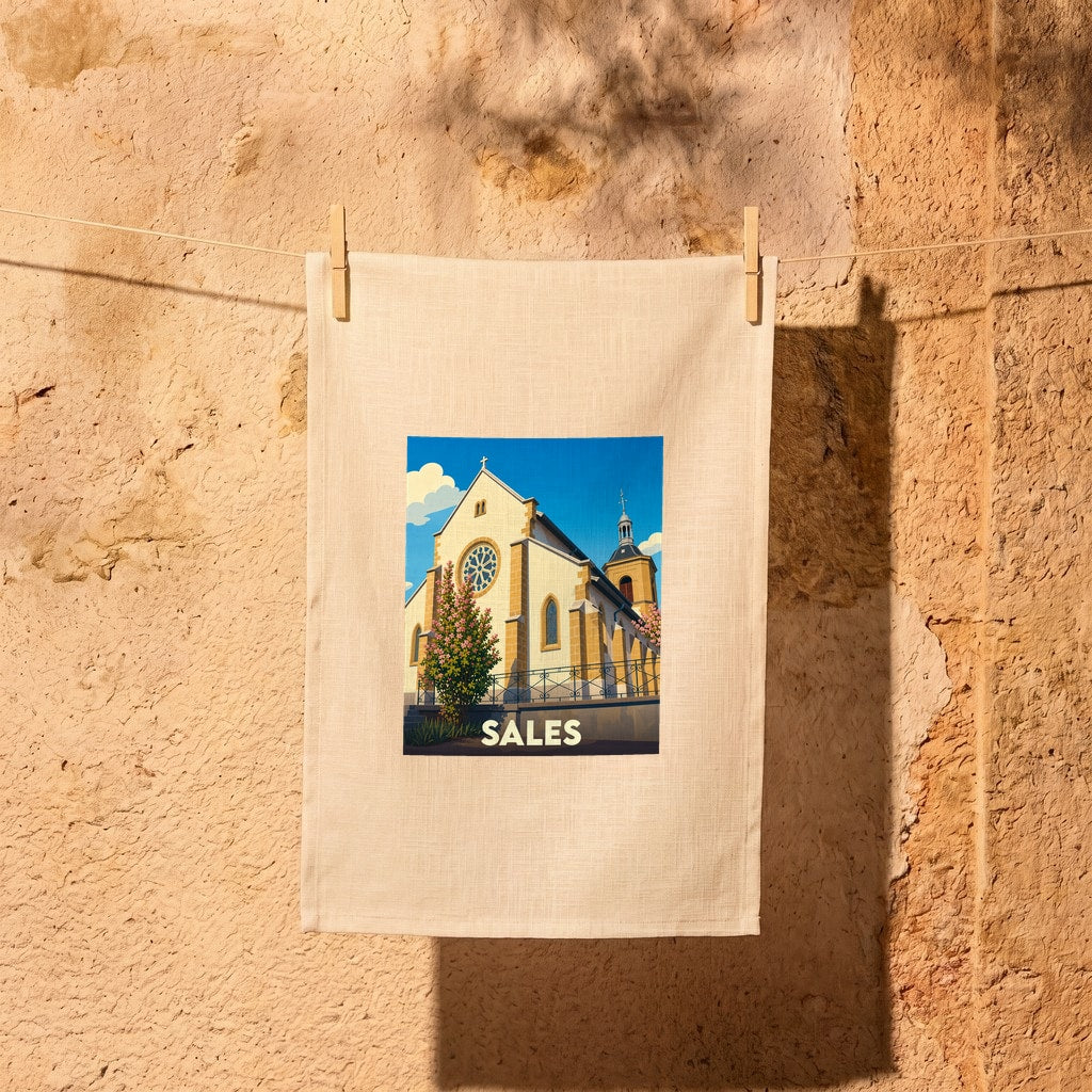 Torchon souvenir de la ville de Sales avec une illustration stylisée de son église.