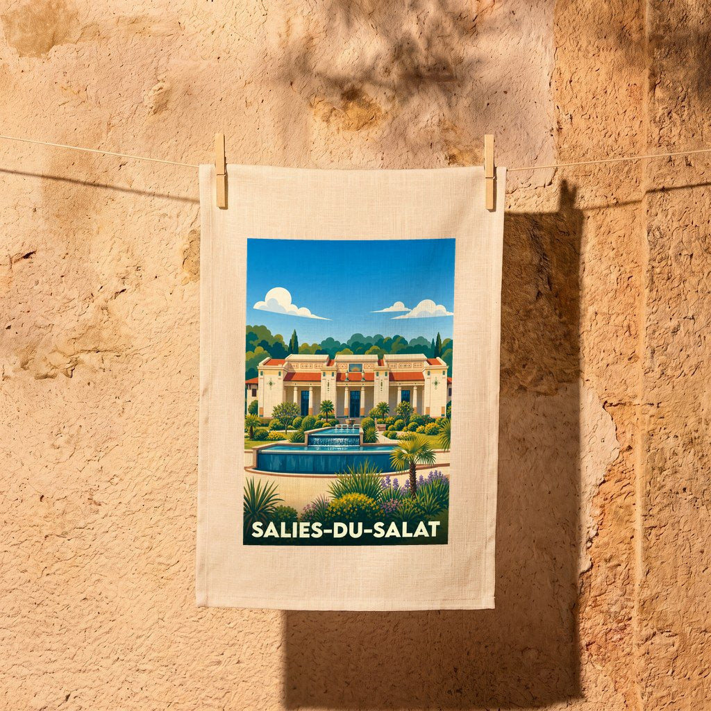 Torchon souvenir de Salies-du-Salat orné d'une illustration stylisée de ses thermes et jardins.