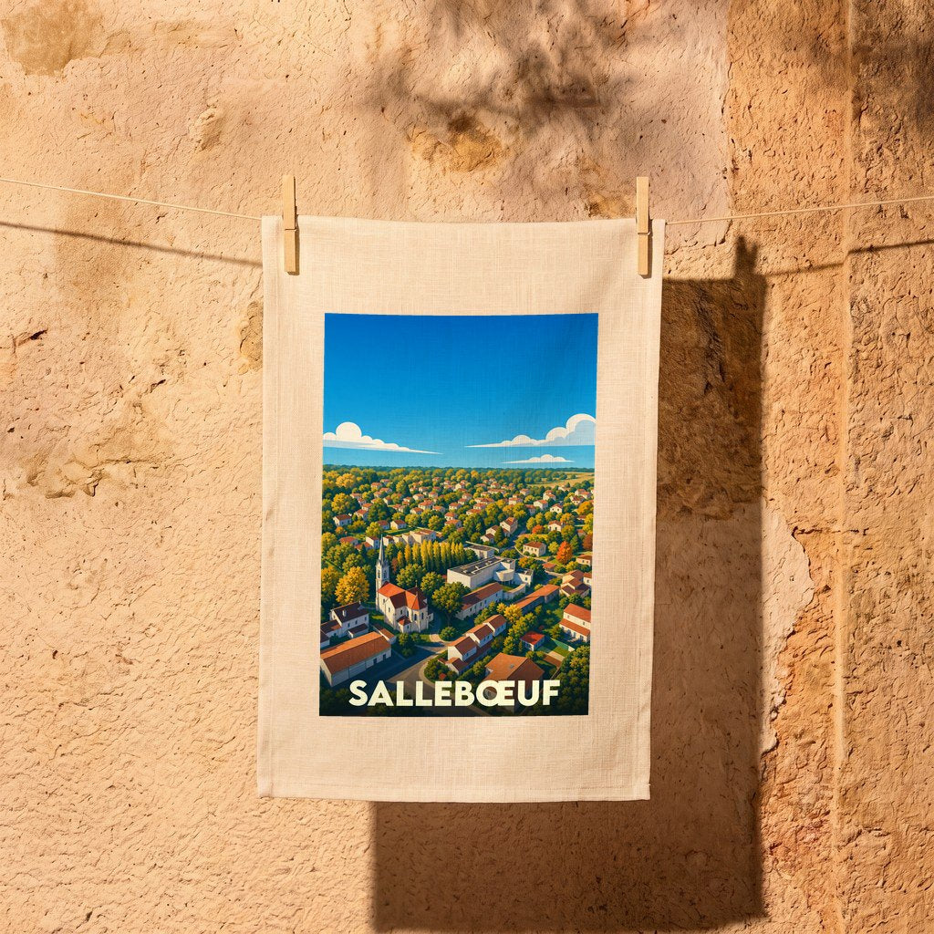 Torchon souvenir de la ville de Sallebœuf avec une illustration stylisée d'un village ensoleillé.