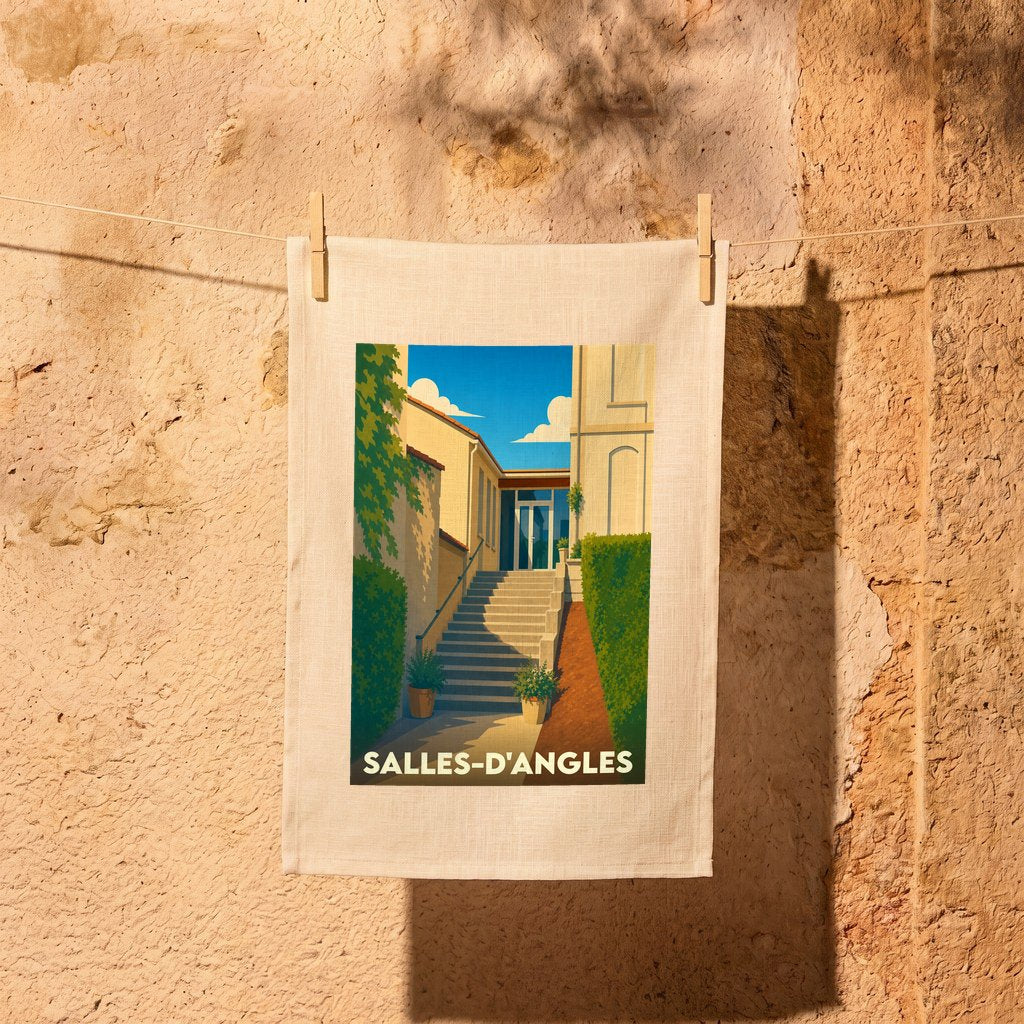 Torchon souvenir de la ville de Salles-d'Angles avec une illustration stylisée d'un escalier fleuri.