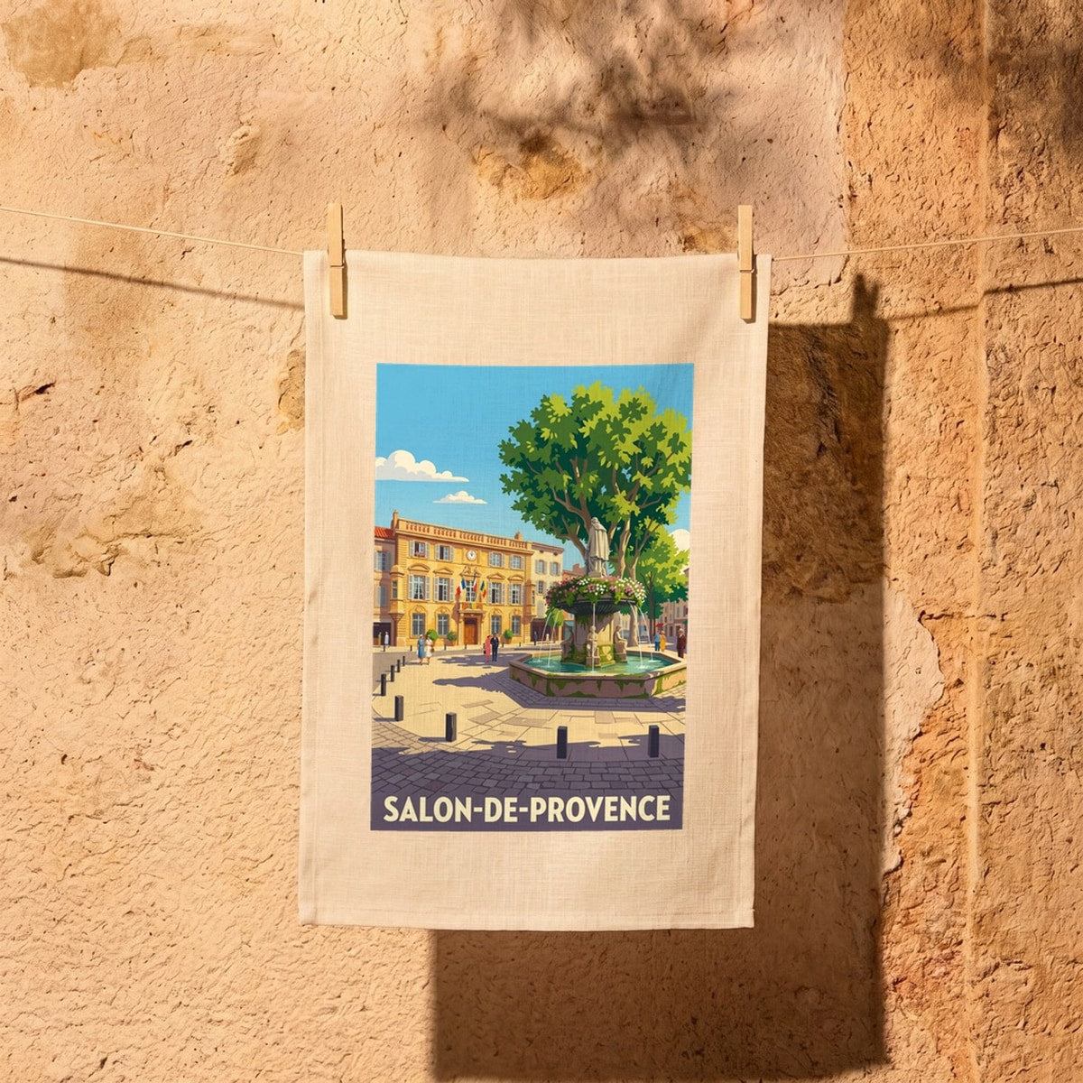 Torchon souvenir de Salon-de-Provence avec une illustration colorée de sa place centrale et de sa fontaine.