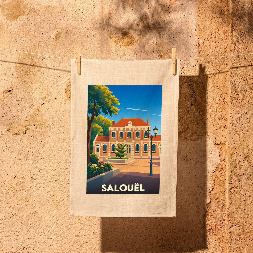Torchon souvenir de la ville de Salouël avec une illustration stylisée d'un bâtiment emblématique.