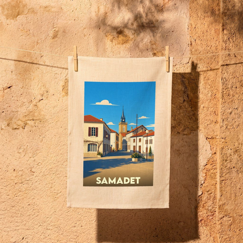 Torchon souvenir de la ville de Samadet avec une illustration stylisée.