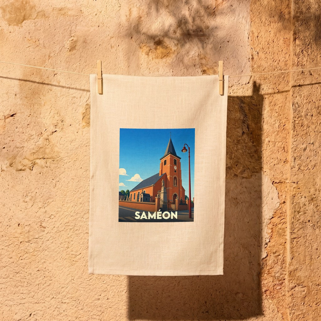 Torchon souvenir de la ville de Saméon avec une illustration stylisée de son église.
