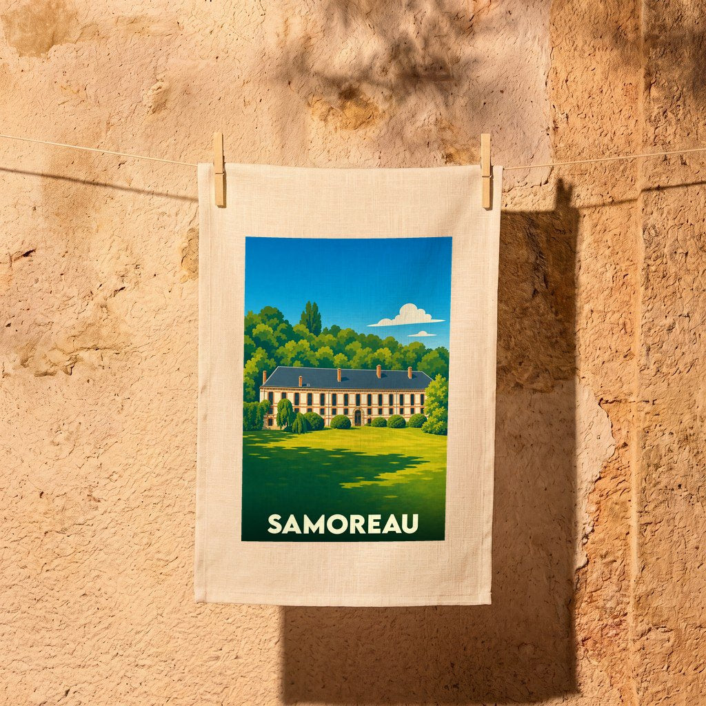 Torchon souvenir de la ville de Samoreau avec une illustration stylisée d'une grande demeure et son parc.