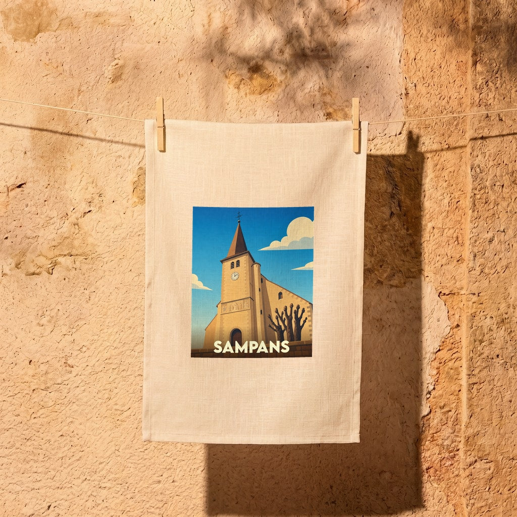 Torchon souvenir de la ville de Sampans avec une illustration stylisée de son église.