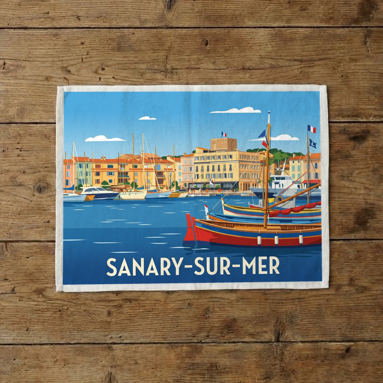 Torchon souvenir de la ville de Sanary-sur-Mer avec une illustration stylisée de son port.