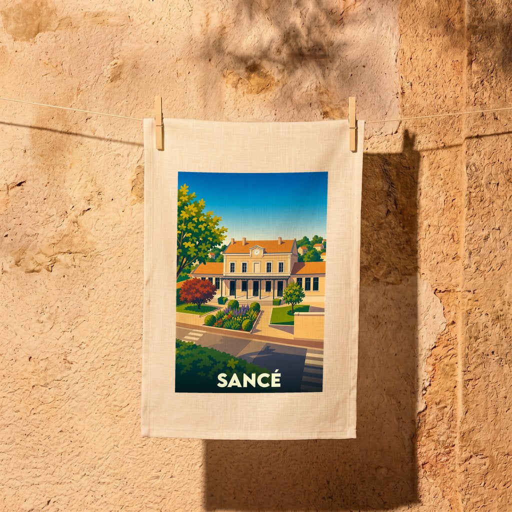 Torchon souvenir de la ville de Sancé avec une illustration stylisée.