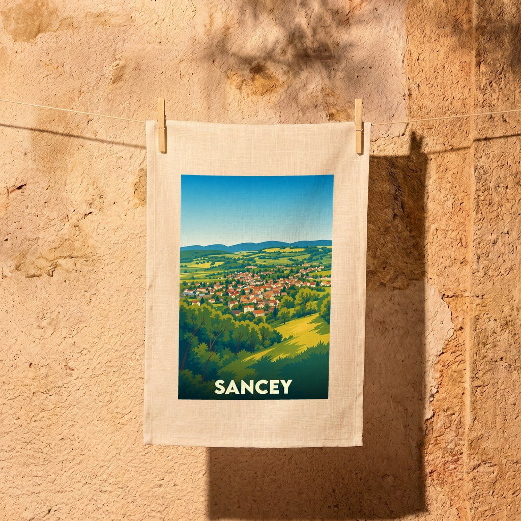 Torchon souvenir de la ville de Sancey avec une illustration de son paysage vallonné.