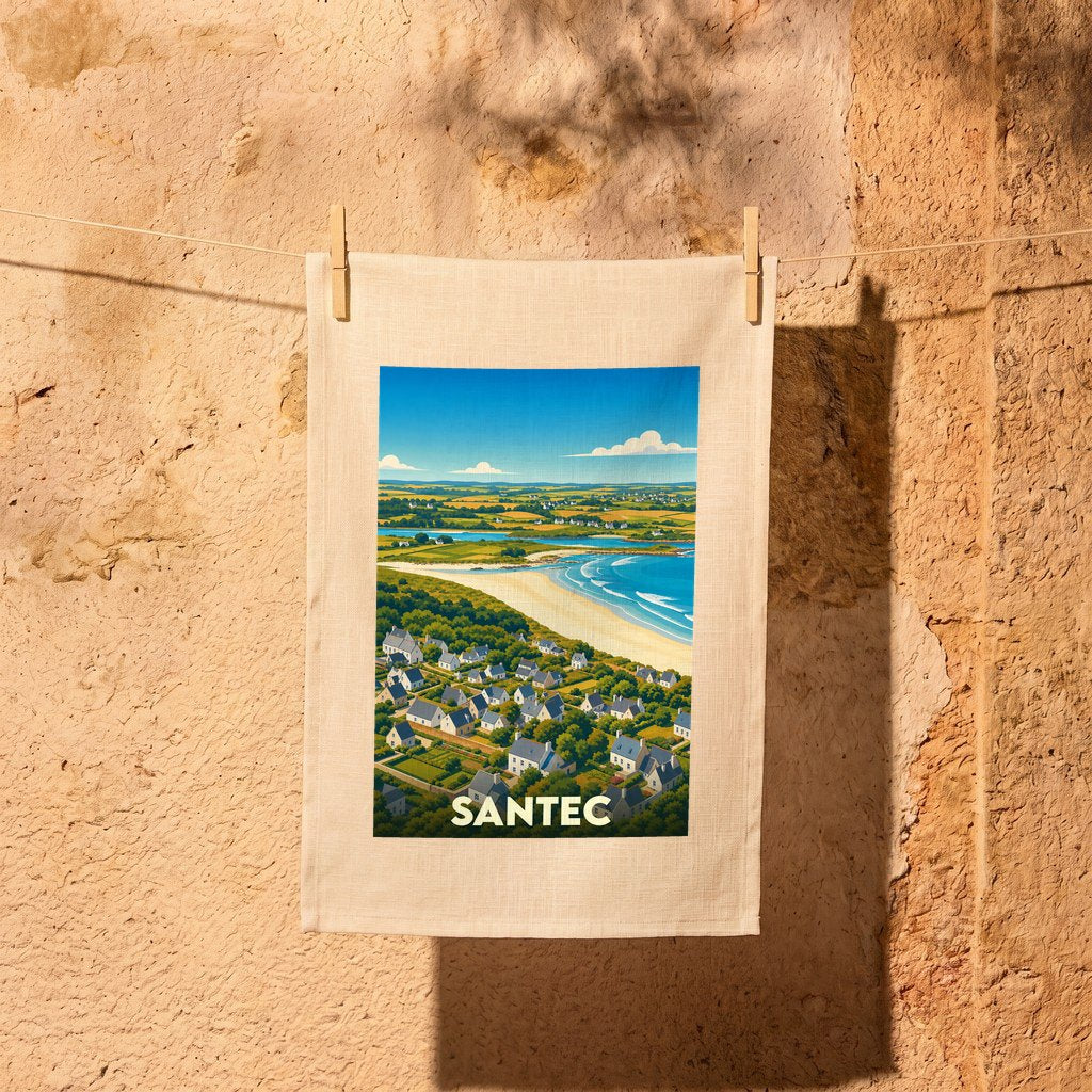 Torchon souvenir de la ville de Santec illustré par un paysage côtier stylisé.