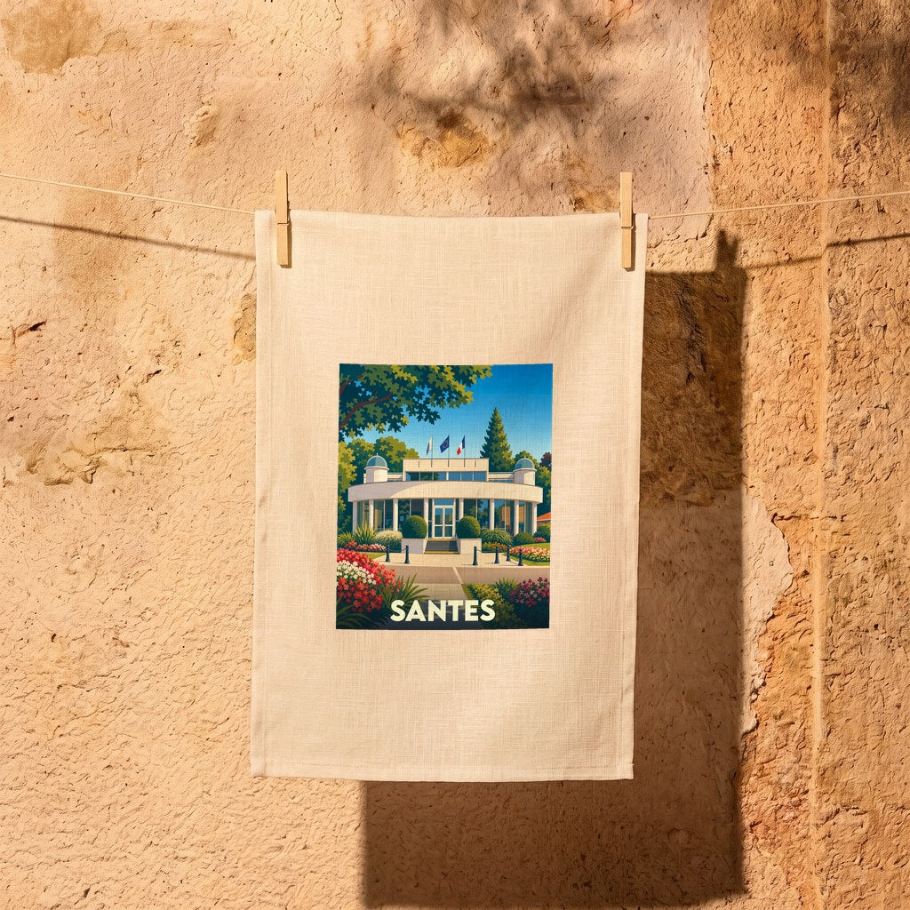 Torchon souvenir de la ville de Santes avec une illustration stylisée de son hôtel de ville.