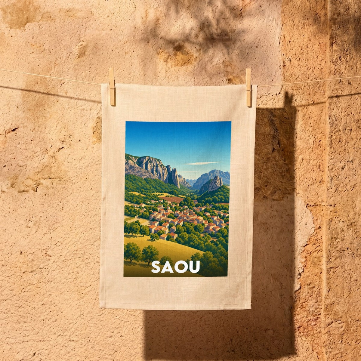 Torchon souvenir de la ville de Saou avec une illustration stylisée.