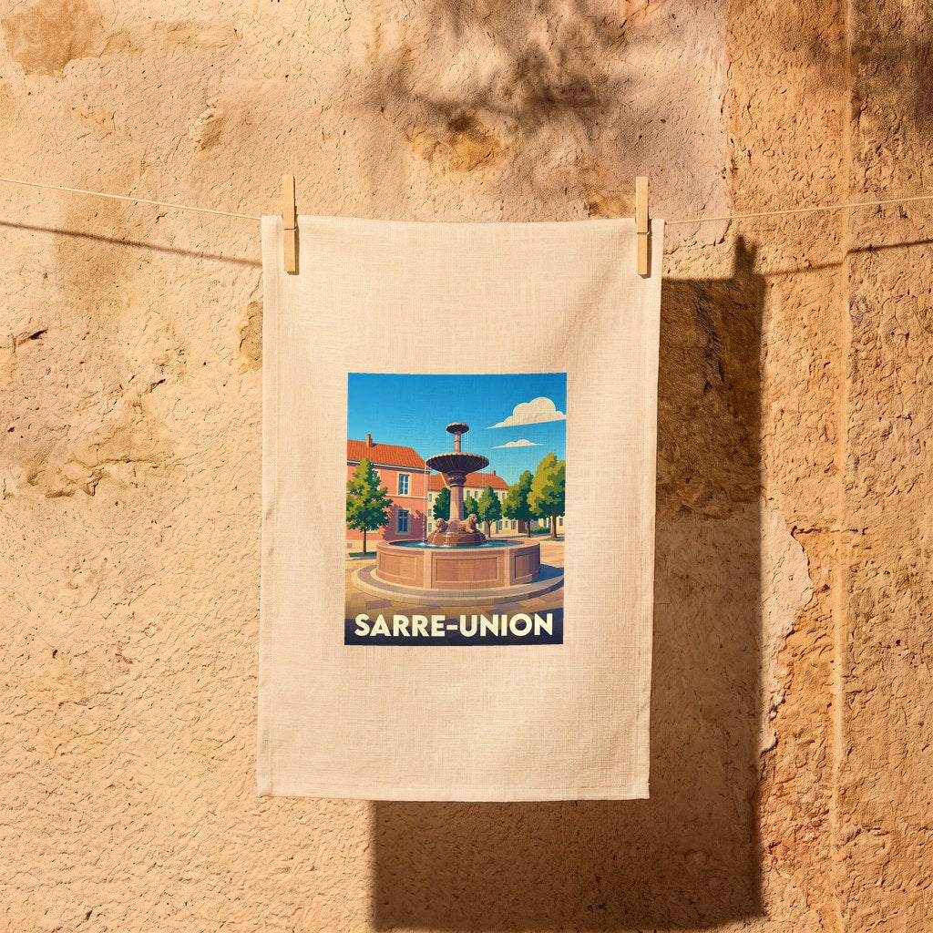 Torchon de cuisine souvenir de la ville de Sarre-Union avec une illustration stylisée d'une fontaine sur une place ensoleillée.