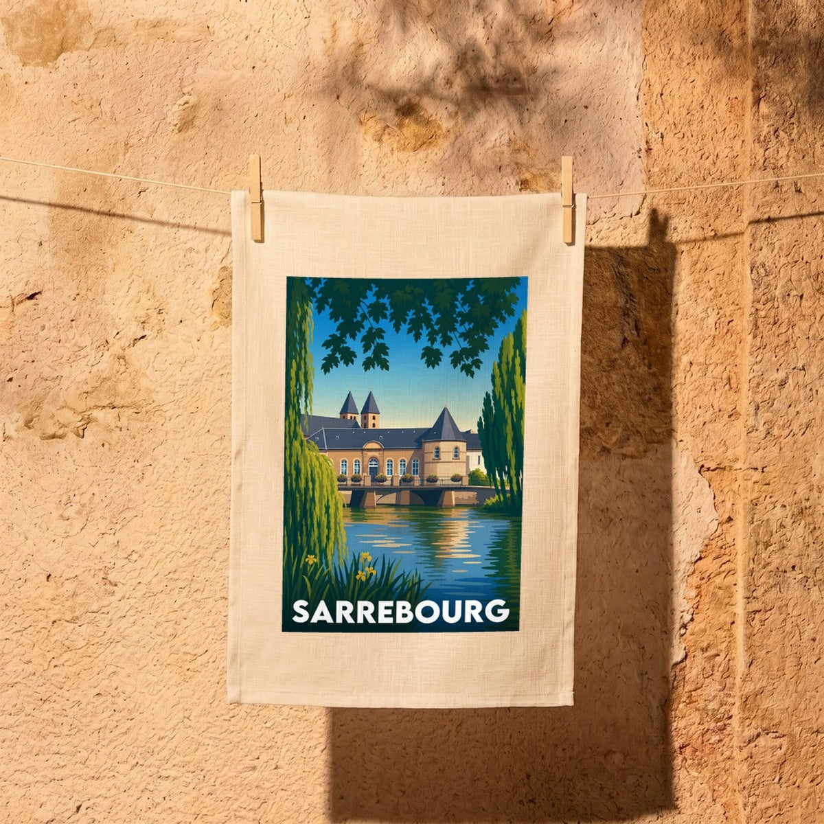 Torchon souvenir de la ville de Sarrebourg avec une illustration stylisée de ses monuments historiques au bord de l'eau.