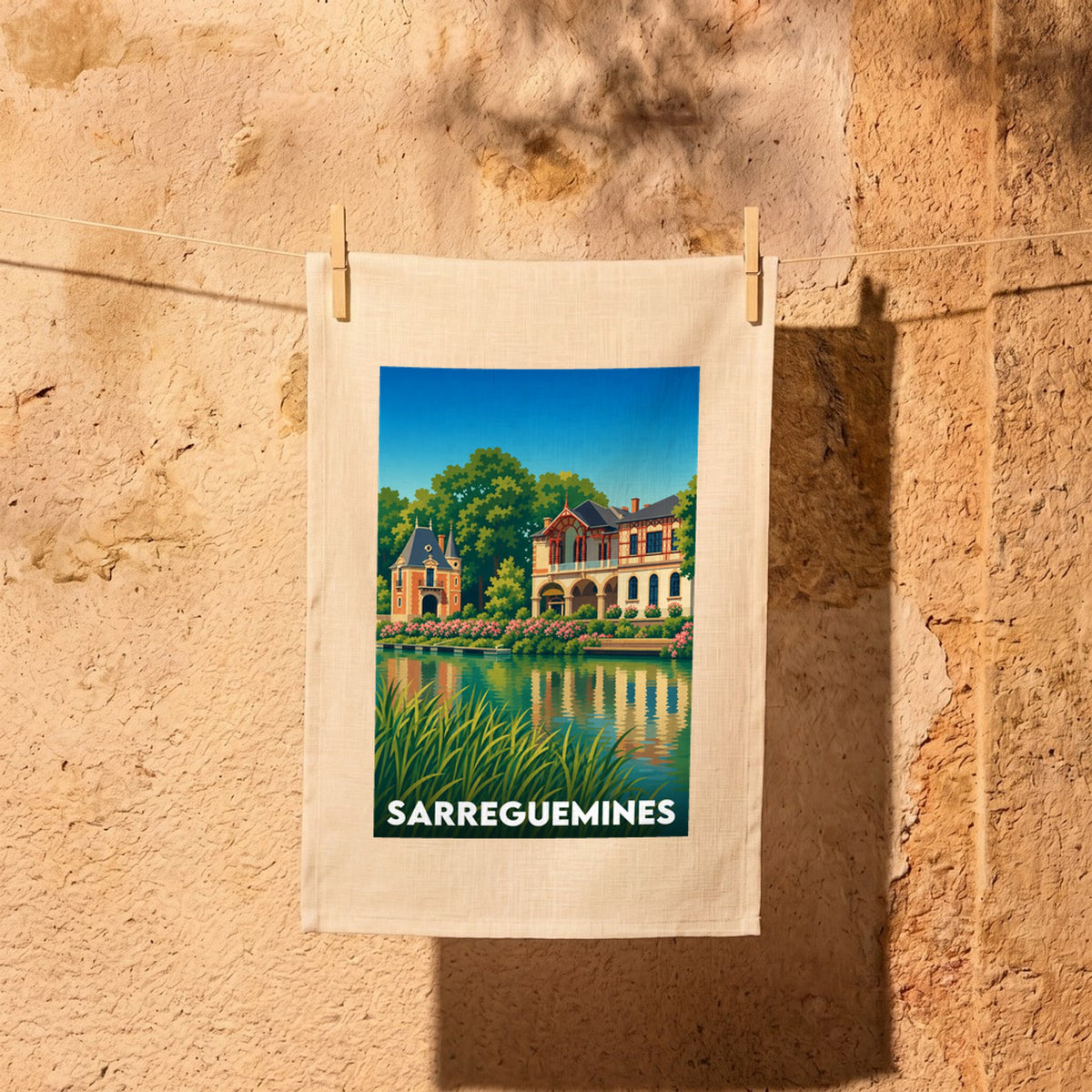 Torchon souvenir de la ville de Sarreguemines avec une illustration stylisée de son architecture au bord de l'eau.