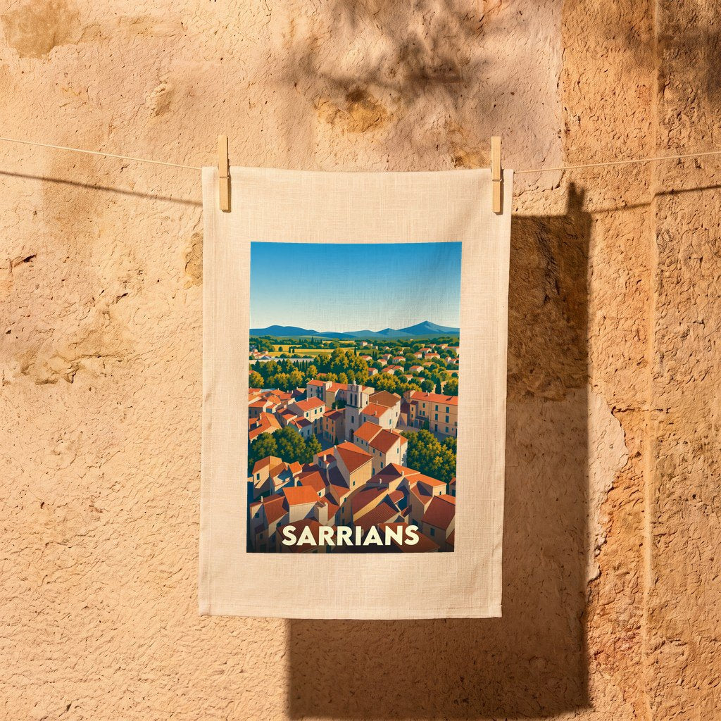 Torchon souvenir de la ville de Sarrians avec une illustration stylisée de ses toits provençaux.