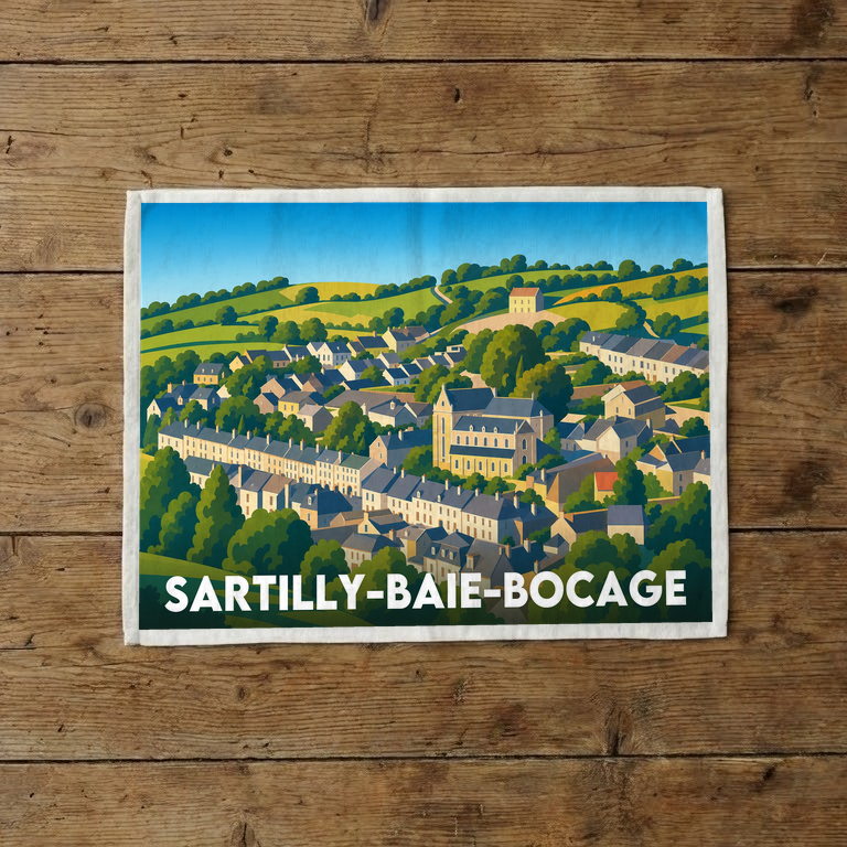 Torchon souvenir de la ville de Sartilly-Baie-Bocage avec une illustration stylisée.