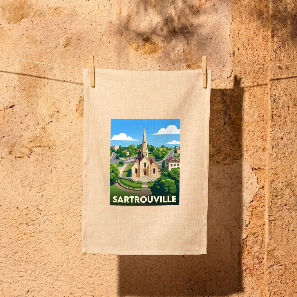 Torchon souvenir de la ville de Sartrouville avec une illustration stylisée.