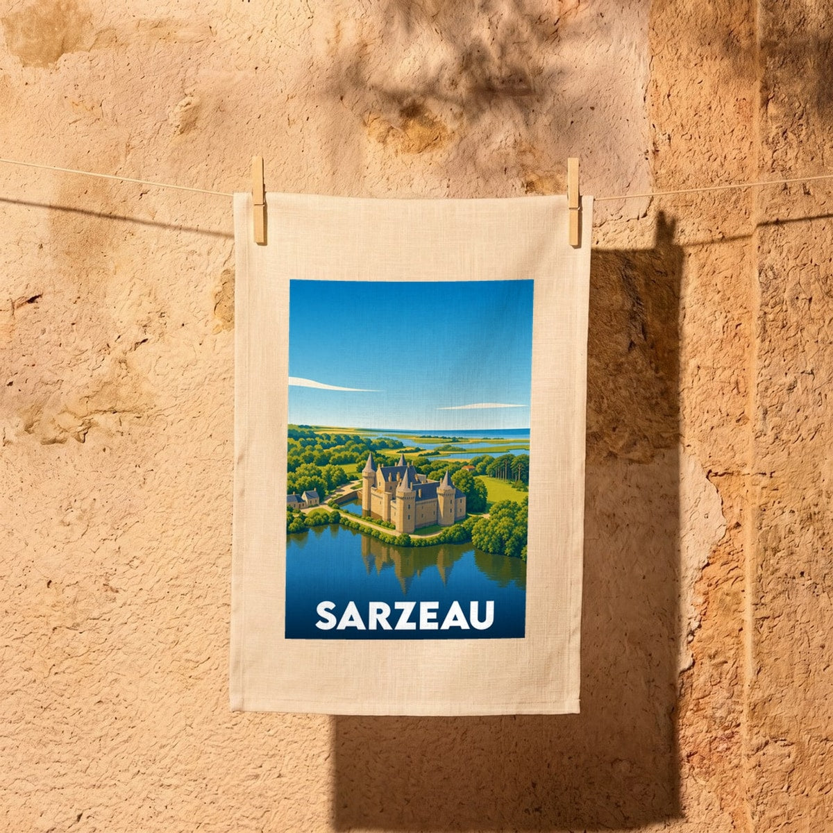 Torchon souvenir de la ville de Sarzeau illustrant son château au bord de l'eau dans un style rétro.