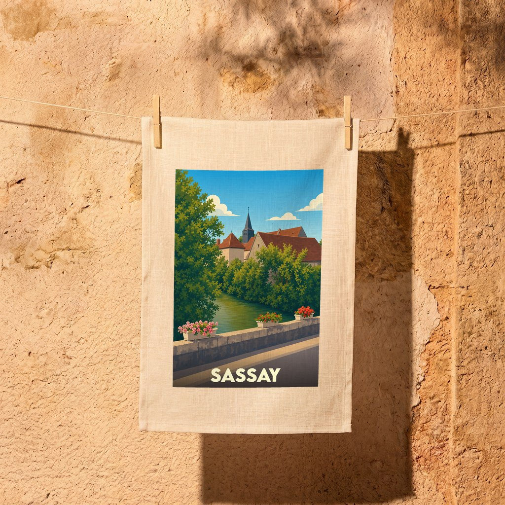 Torchon souvenir de la ville de Sassay avec une illustration stylisée.