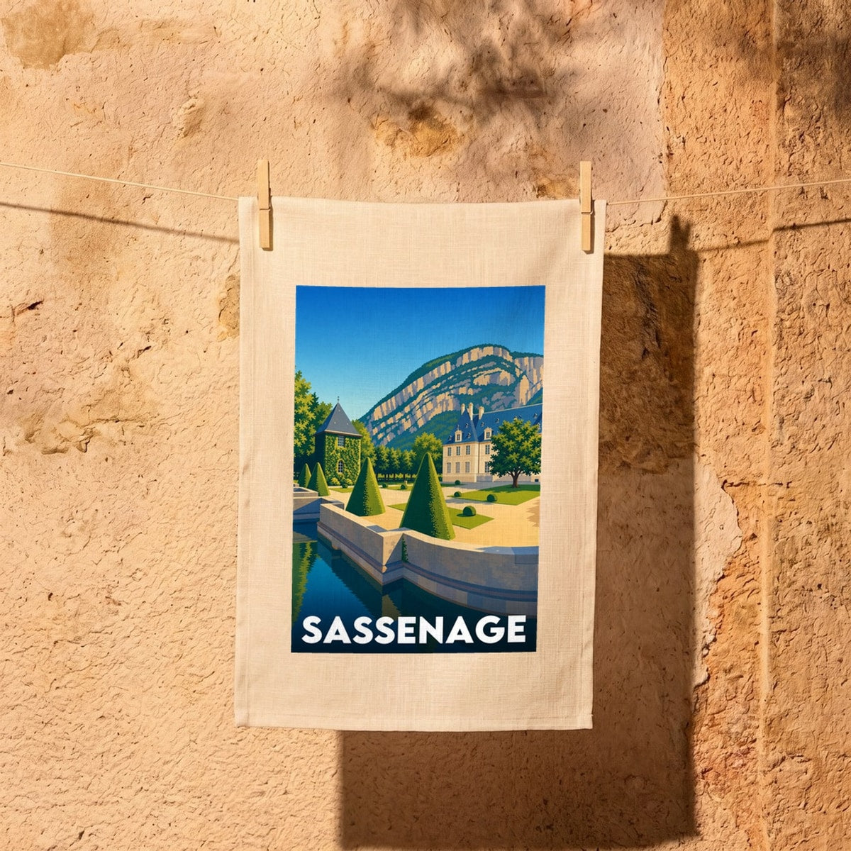 Torchon souvenir de la ville de Sassenage avec une illustration stylisée.