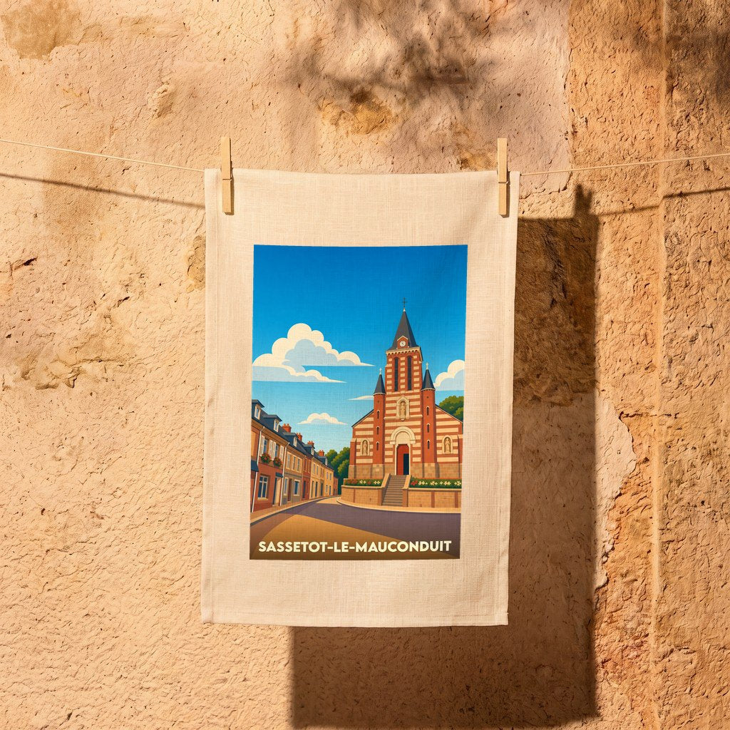 Torchon souvenir de la ville de Sassetot-le-Mauconduit avec une illustration stylisée de son église et de ses rues.