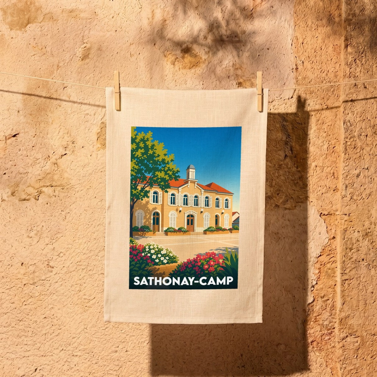 Torchon souvenir de la ville de Sathonay-Camp avec une illustration stylisée de sa mairie.