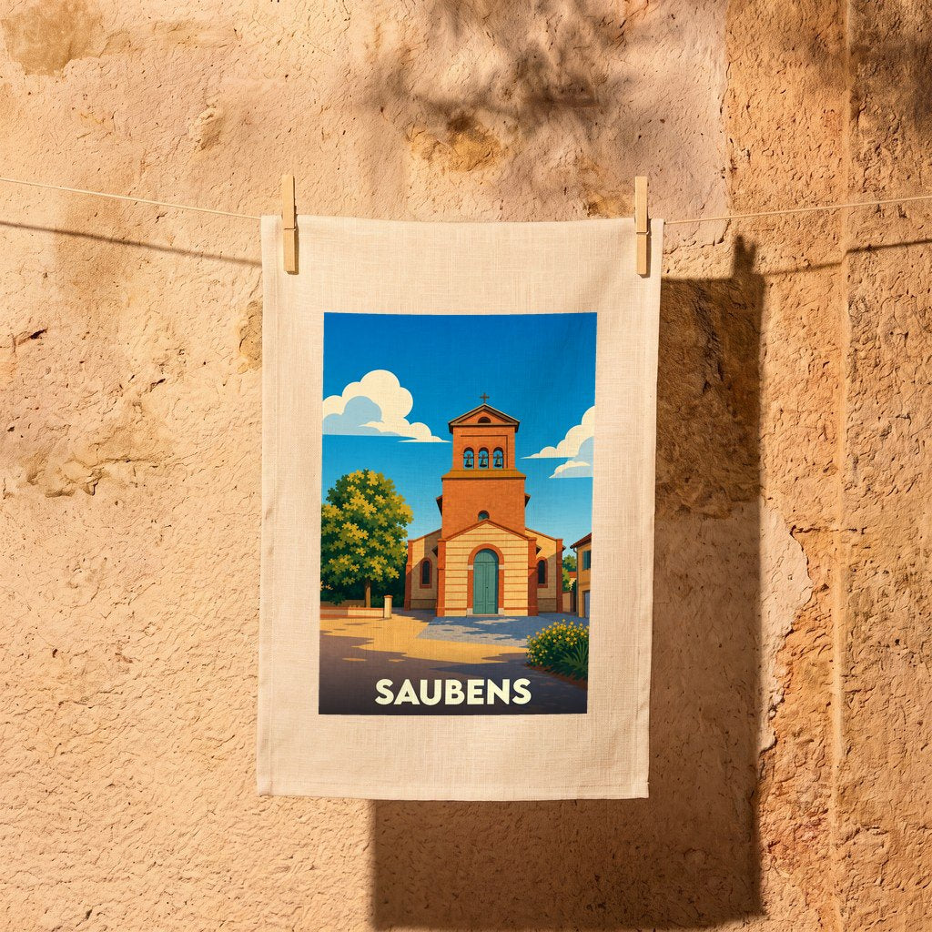 Torchon souvenir de la ville de Saubens avec une illustration stylisée de son église sous un ciel bleu.