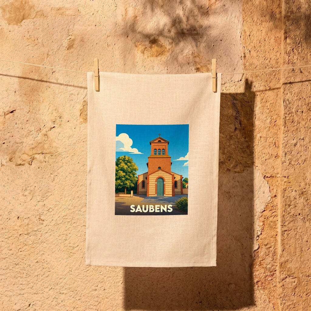 Torchon souvenir de la ville de Saubens avec une illustration stylisée de son église sous un ciel bleu.