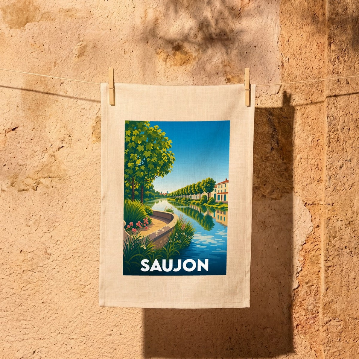 Torchon souvenir de la ville de Saujon avec une illustration stylisée d'un canal bordé d'arbres.