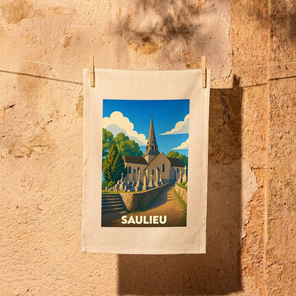 Torchon souvenir de la ville de Saulieu illustré d'une église de style vintage.