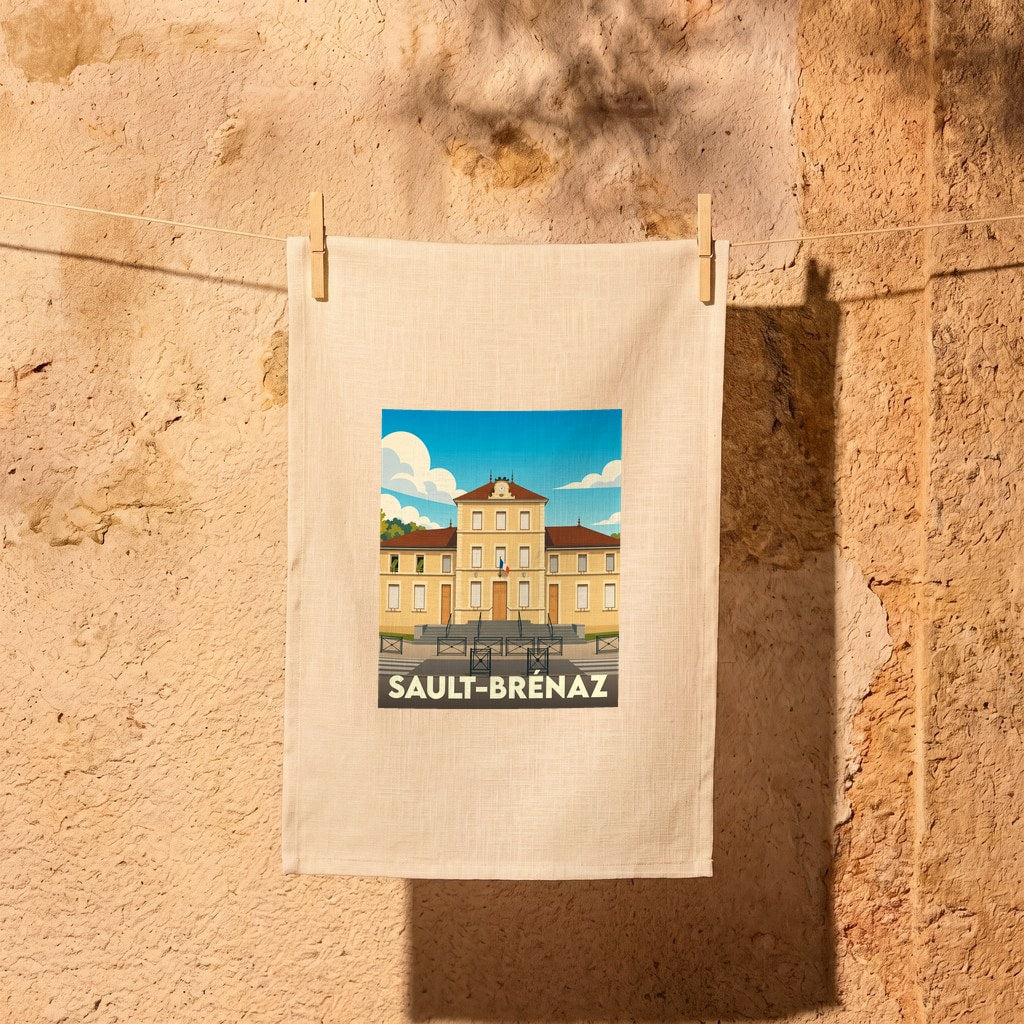 Torchon de cuisine souvenir de la ville de Sault-Brénaz avec une illustration stylisée de son hôtel de ville.