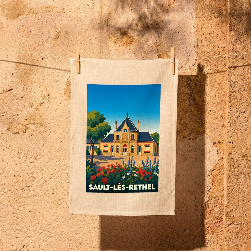 Torchon souvenir de la ville de Sault-lès-Rethel avec une illustration stylisée.
