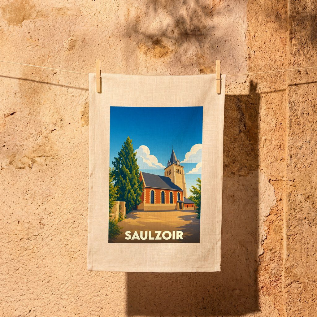 Torchon souvenir de la ville de Saulzoir orné d'une illustration stylisée de son église.