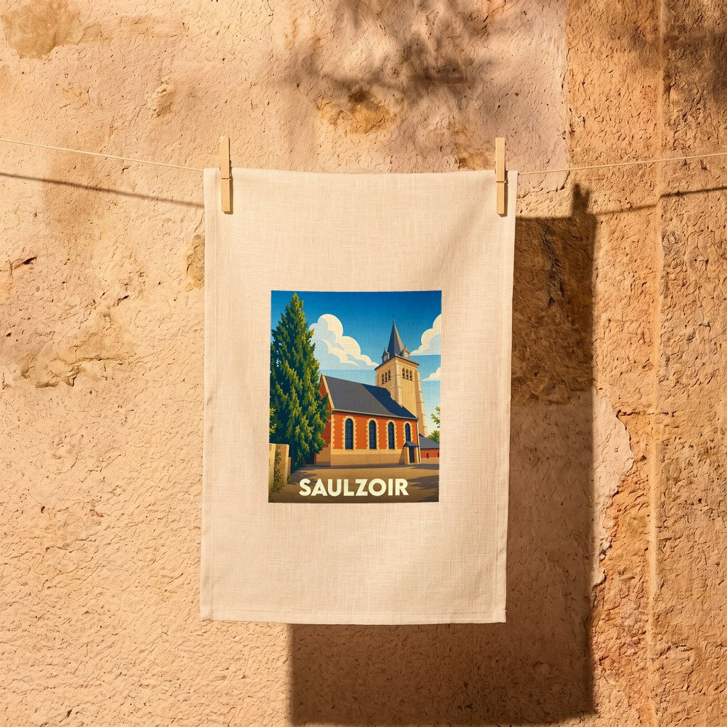 Torchon souvenir de la ville de Saulzoir orné d'une illustration stylisée de son église.