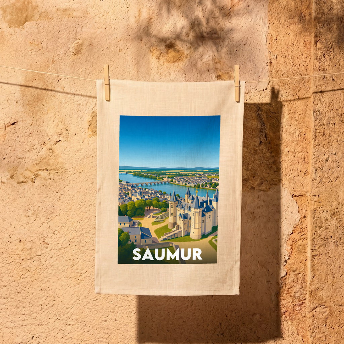 Torchon souvenir de la ville de Saumur orné d'une illustration stylisée de son château et du fleuve.