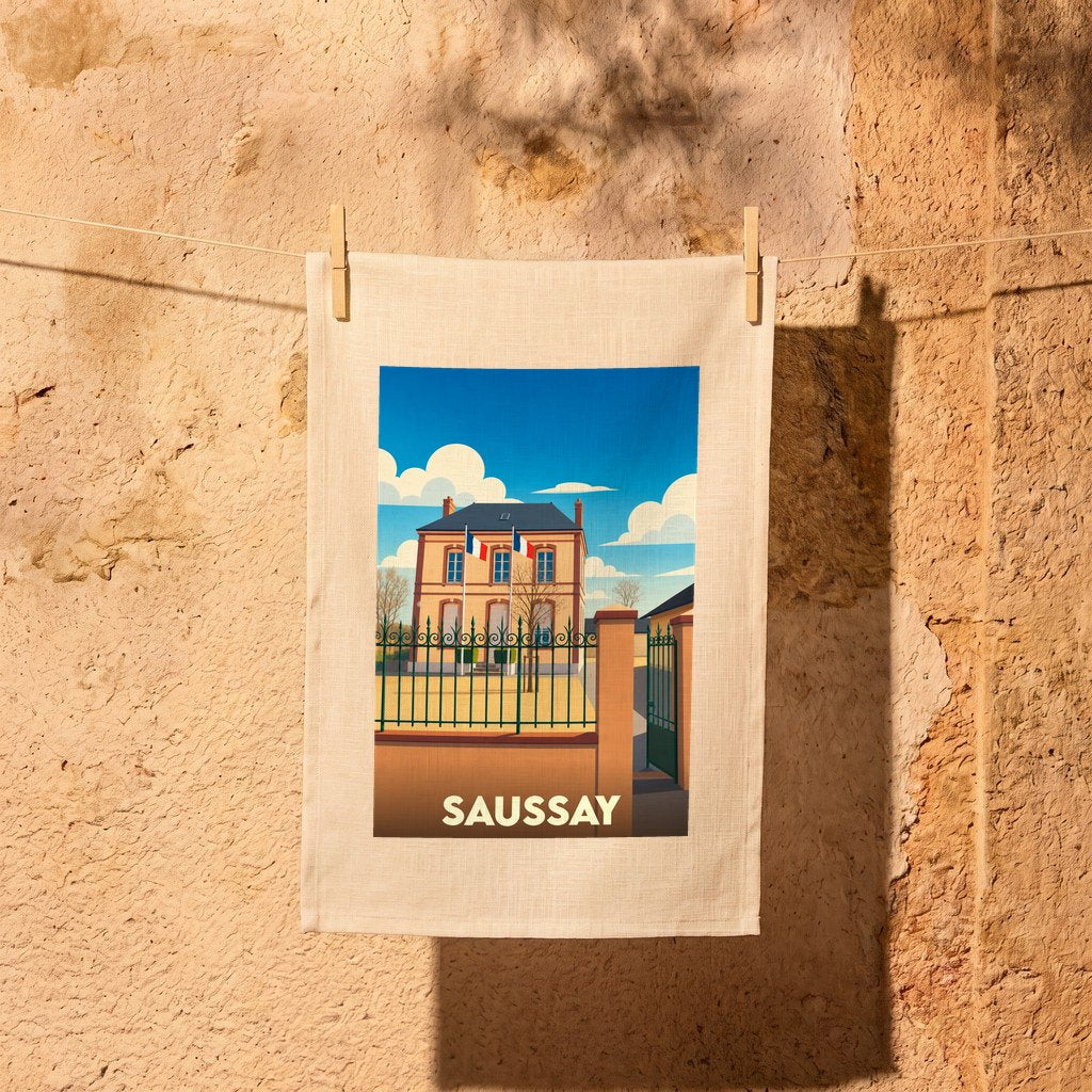 Torchon souvenir de la ville de Saussay avec une illustration stylisée.