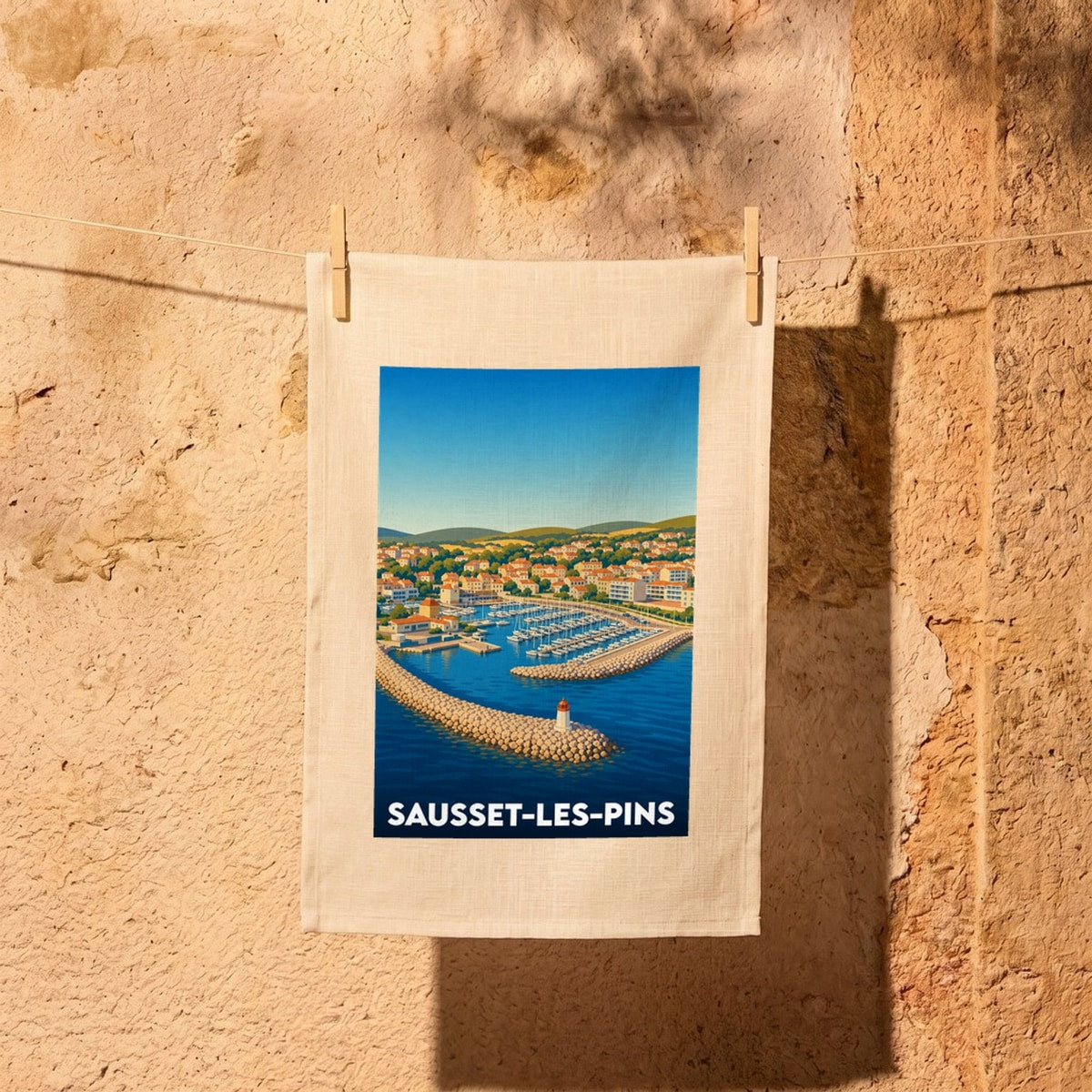 Torchon souvenir de la ville de Sausset-les-Pins illustrant son port de plaisance dans un style rétro.