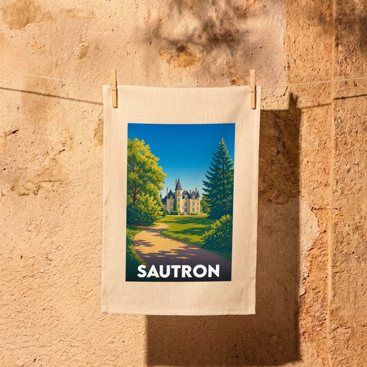 Torchon souvenir de la ville de Sautron avec une illustration stylisée représentant un château dans un parc arboré.