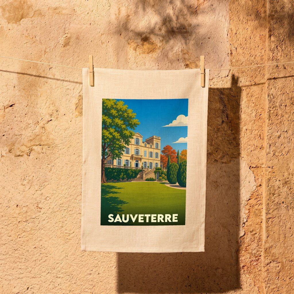 Torchon souvenir de la ville de Sauveterre avec une illustration stylisée d'une bâtisse historique.