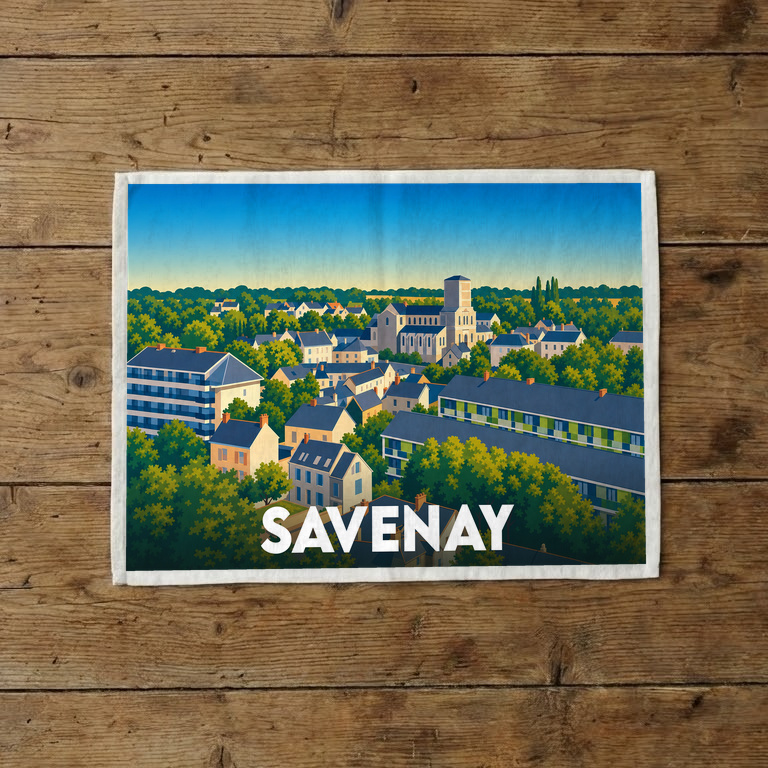 Torchon souvenir de la ville de Savenay illustré d'une vue panoramique stylisée et colorée.